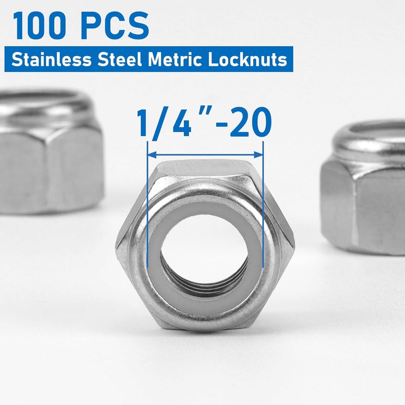 Vmuter 100 Pack 1/4"-20 Inch Lock Nuts, 304 (A2-70) Stainless Steel Nylon Insert Locknuts,Standard Inch Thread Nylock Nuts - Image 2